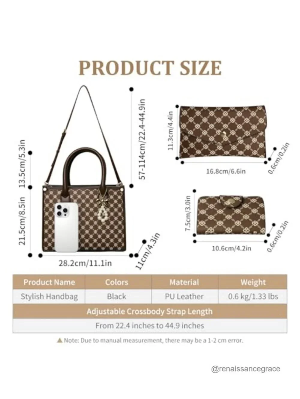 PU Leather Satchel Handbag 3-Piece Set with Wallet & Card Holder Adjustable